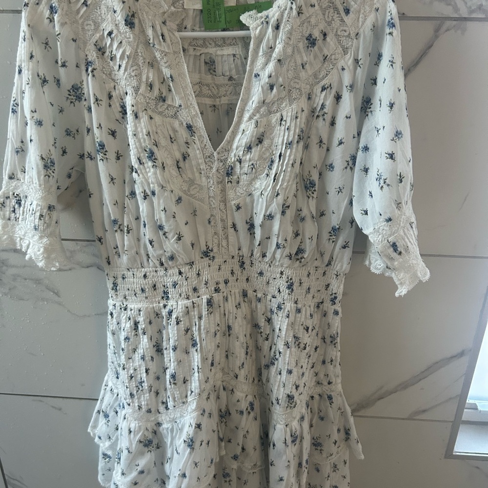 LoveShackFancy White and Blue Floral Mini Dress